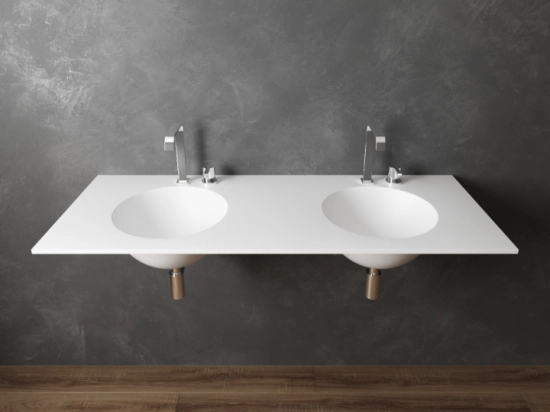 Plan vasque double lavabo circulaire ⦰ 30 cm sur mesure Largeur 100 à 201 x P 40 à 51 cm Finition lisse 10 couleurs au choix, Anti bactérien Résine Akrytan® Livraison Offerte.